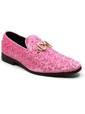 Metrocharm Men's Pink Velvet Woven Pattern Loafers Gold Buckle Luxury Prom Shoes